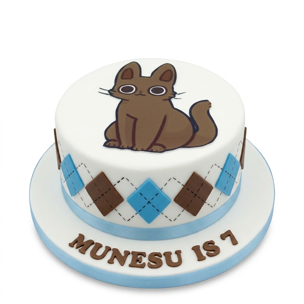 Cute Cat Themed Birthday Cake with Argyle Pattern