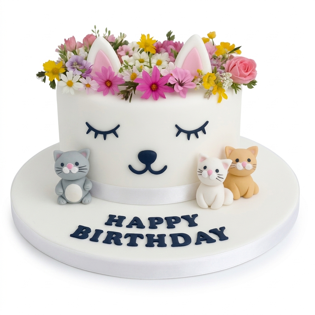 Floral Cat Birthday Cake for Girls