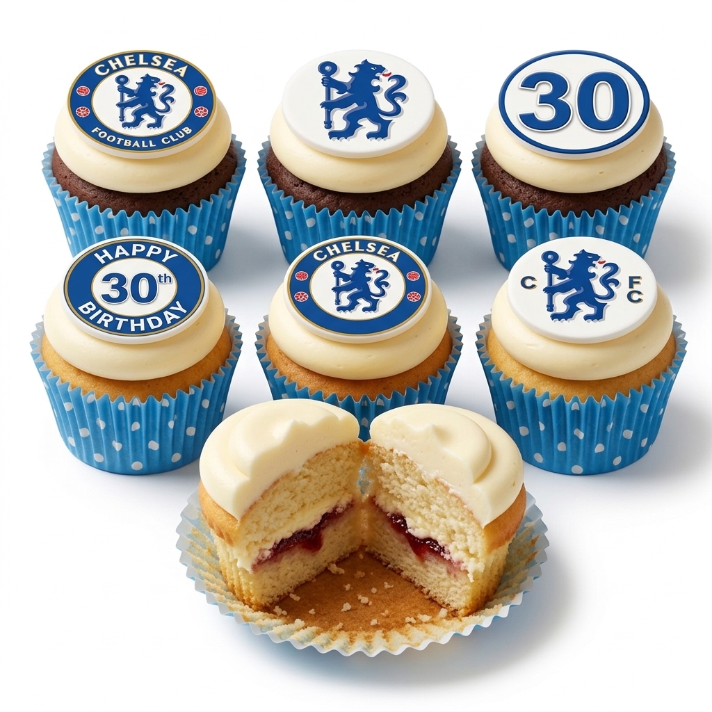 Chelsea Football Birthday Cupcakes with Custom Age Topper