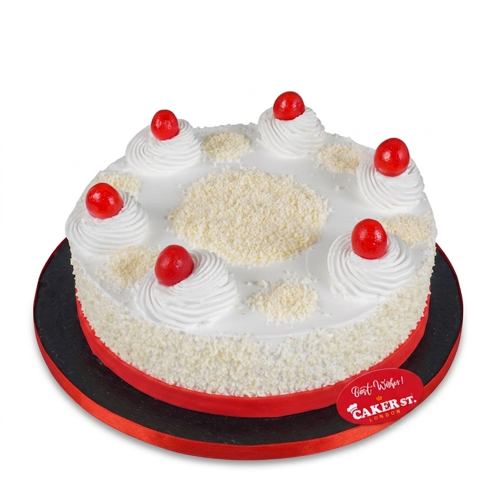 Elegant White Birthday Cake with Cherry Decorations