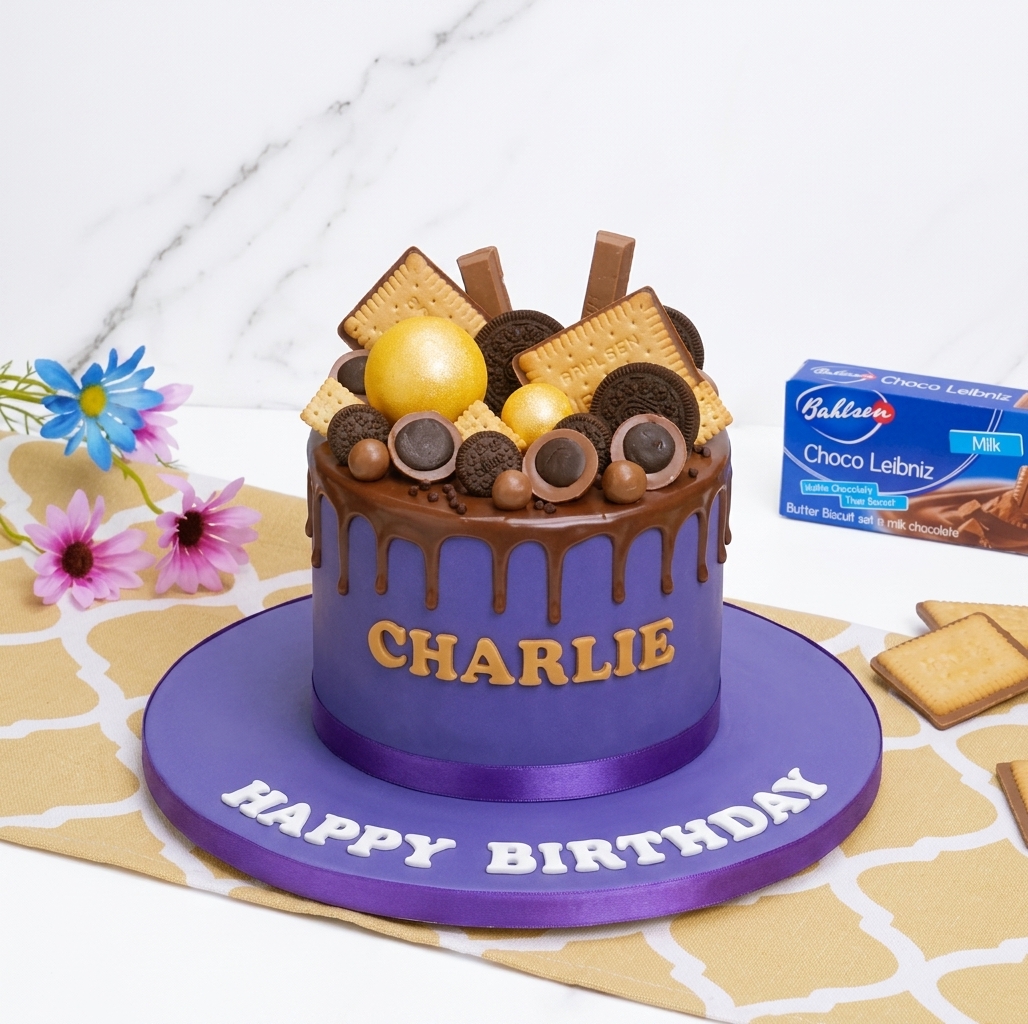 Personalised Chocolate Drip Birthday Cake with Biscuit Toppings