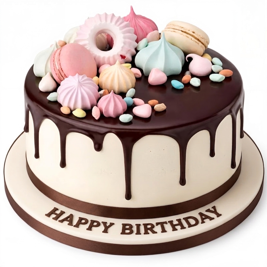Drip Birthday Cake with Macarons & Meringues