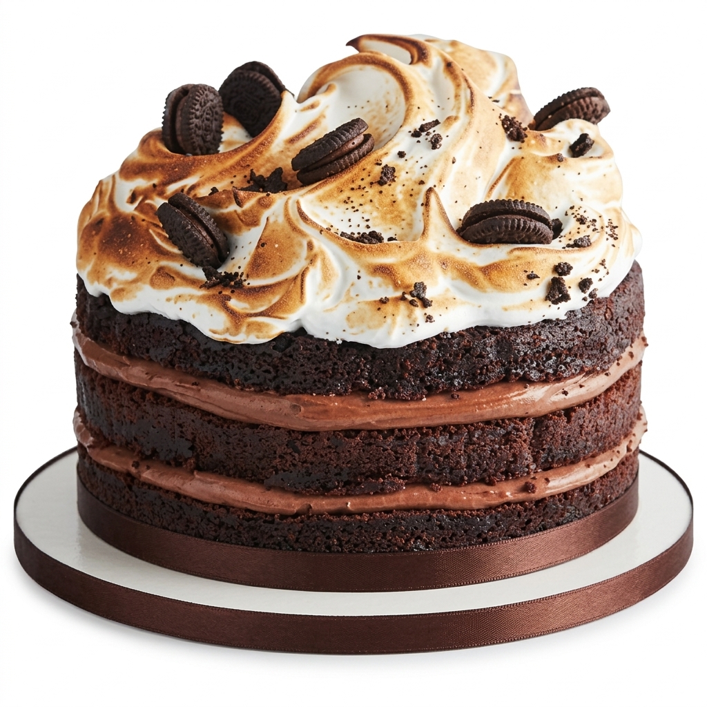 Decadent Chocolate Birthday Cake with Toasted Meringue & Oreo Cookies