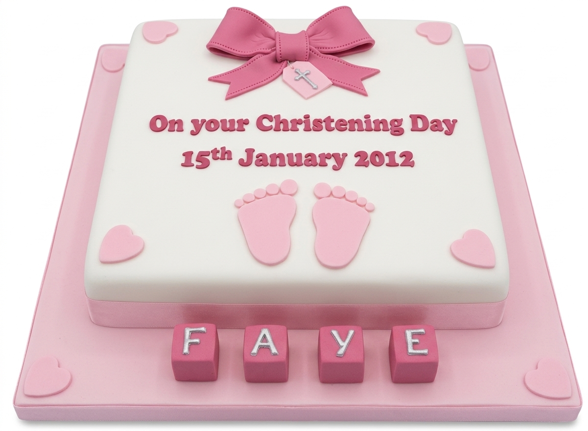 Pink Bow & Footprint Christening Cake for Girls