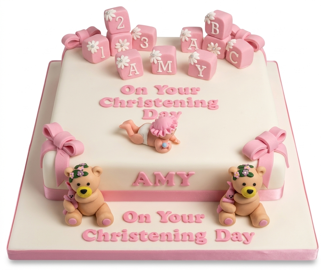 Girls Christening Cake with Teddy Bears & Baby Blocks