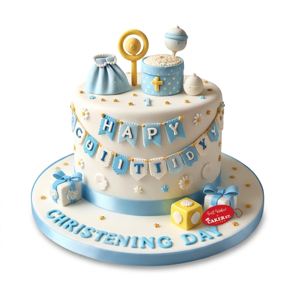 Blue & White Baby Boy Christening Cake