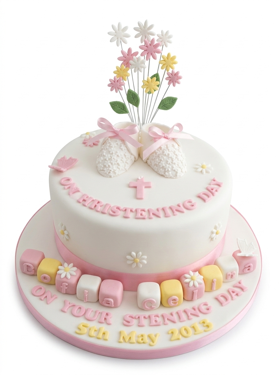 Baby Booties & Flowers Christening Cake for Girls
