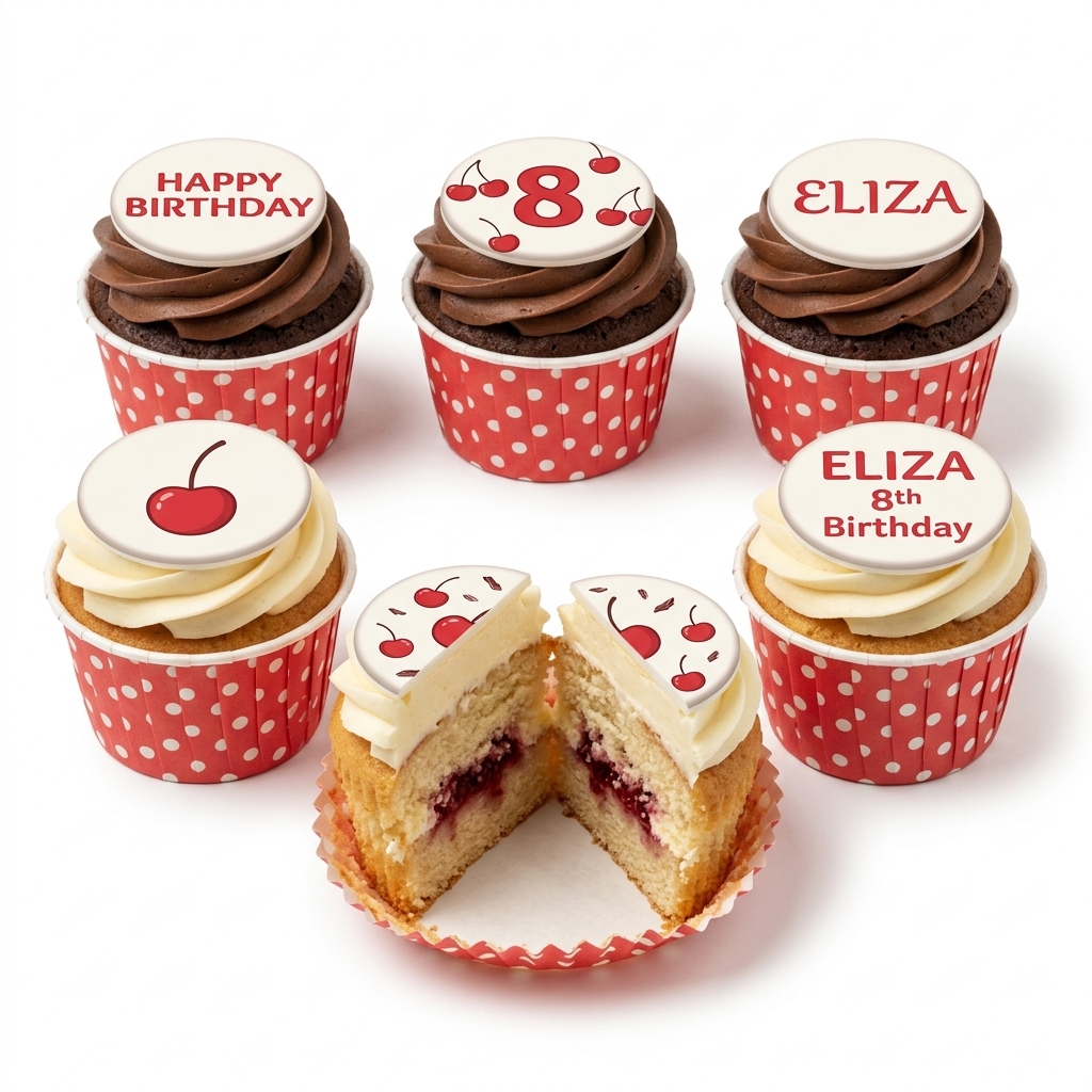 Cherry Birthday Cupcakes with Custom Toppers