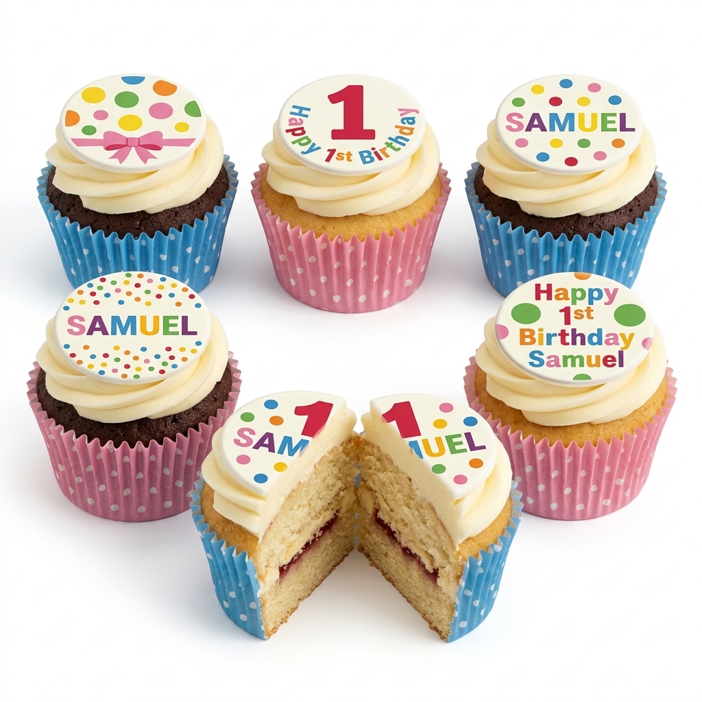 Colourful Polka Dot 1st Birthday Cupcakes