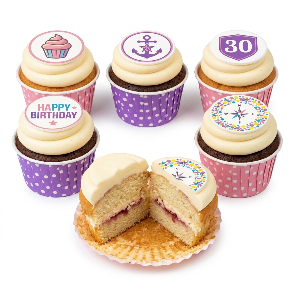 Custom Birthday Cupcakes with Themed Toppers