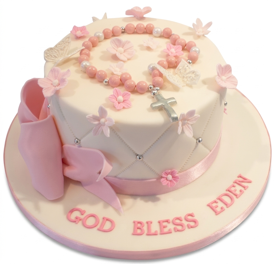 Christening Cake for Girls with Rosary & Flowers