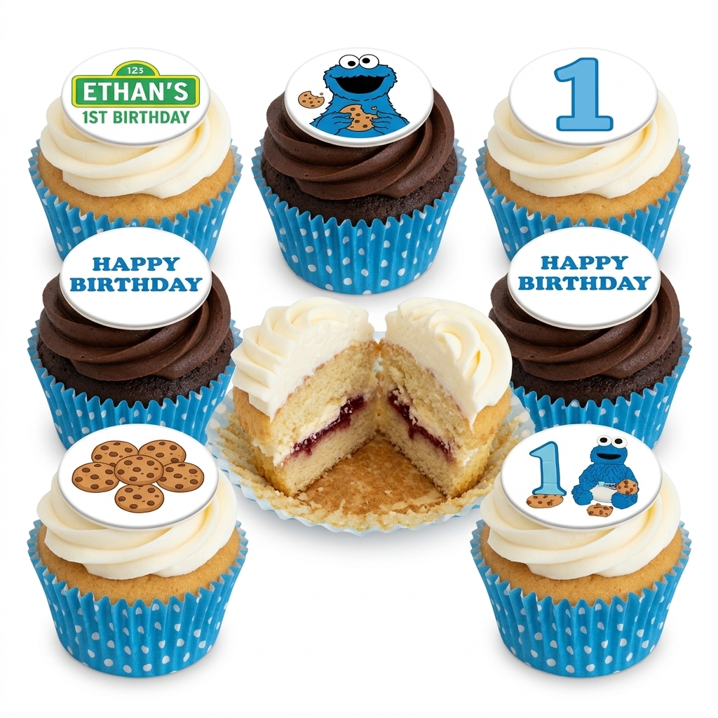 Cookie Monster Birthday Cupcakes with Custom Age Topper