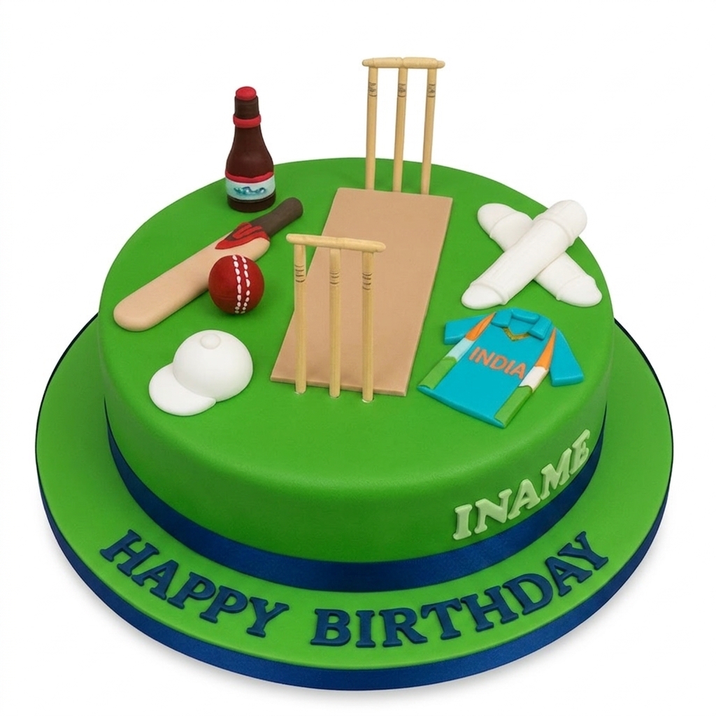 Cricket Theme Birthday Cake with Personalised Name