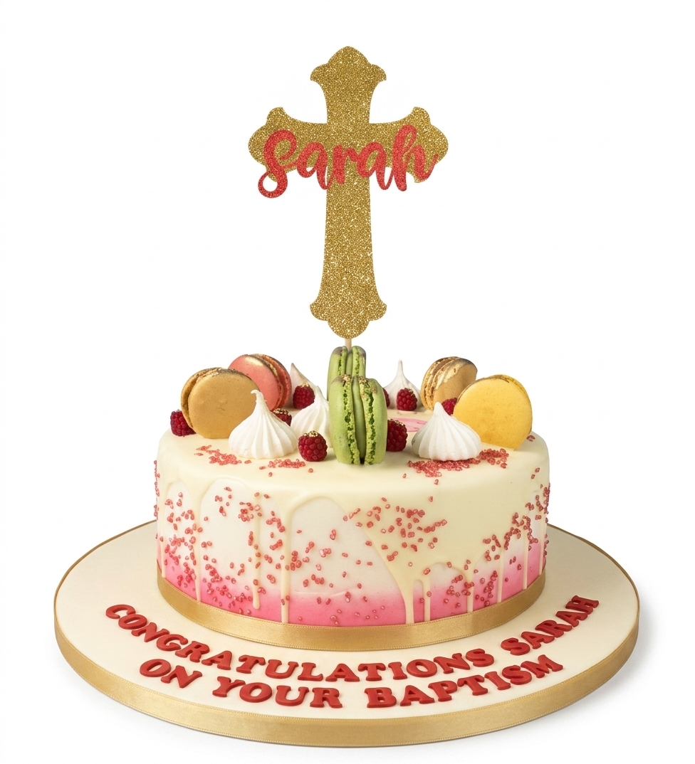 Personalised Christening Cake with Cross Topper & Macarons
