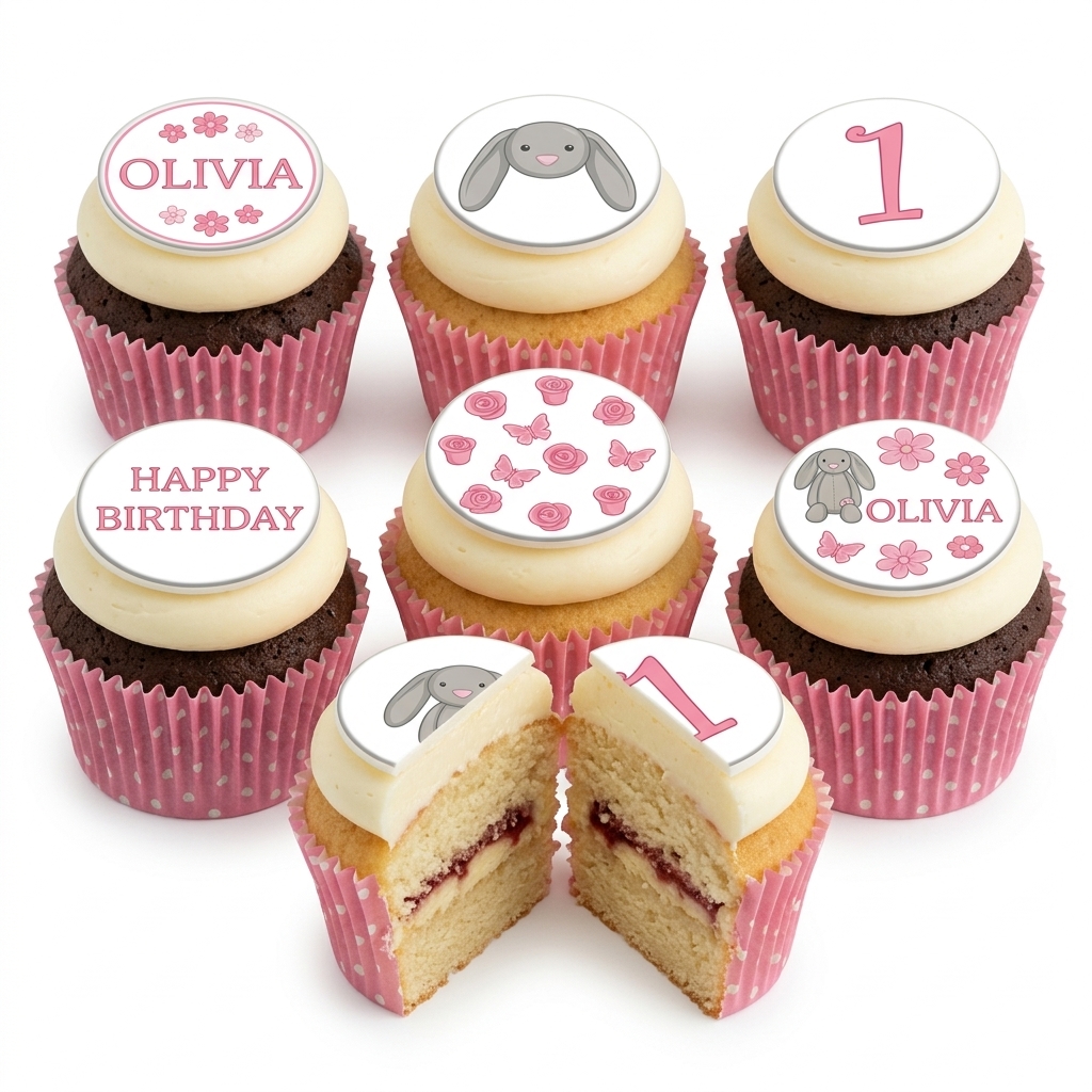 Bunny & Floral 1st Birthday Cupcakes for Girls