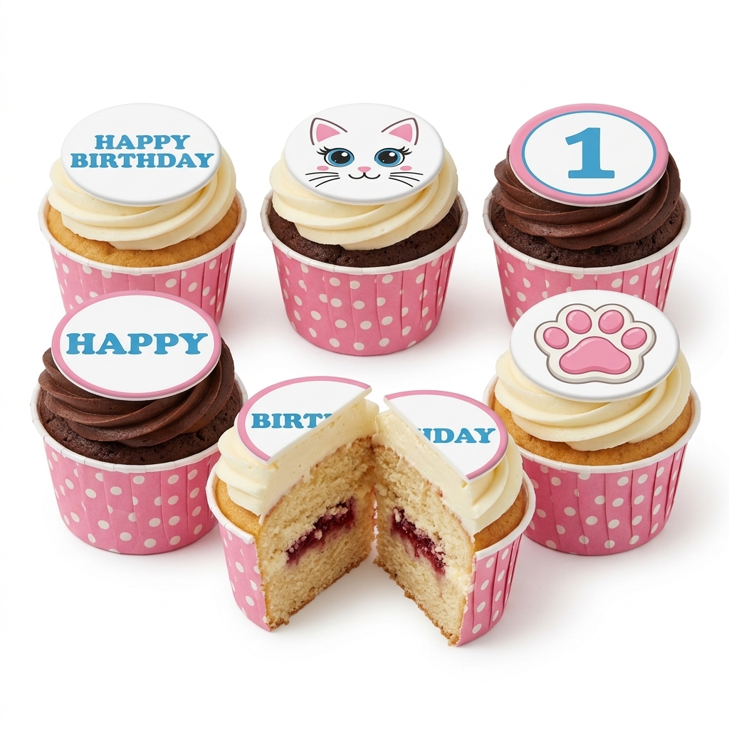 Cute Cat Birthday Cupcakes with Custom Age Topper