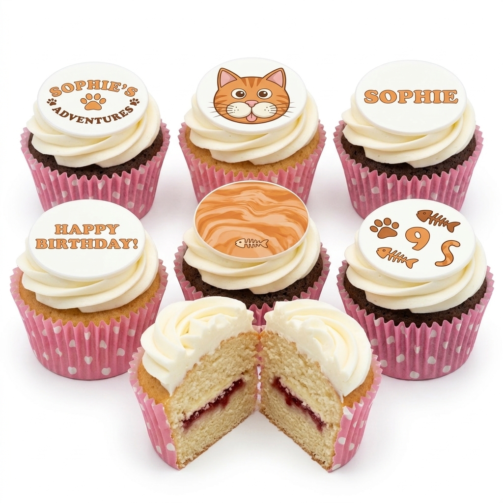 Cat Theme Birthday Cupcakes with Custom Toppers