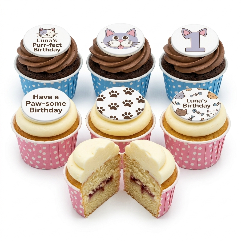 Cat Theme Birthday Cupcakes with Custom Toppers