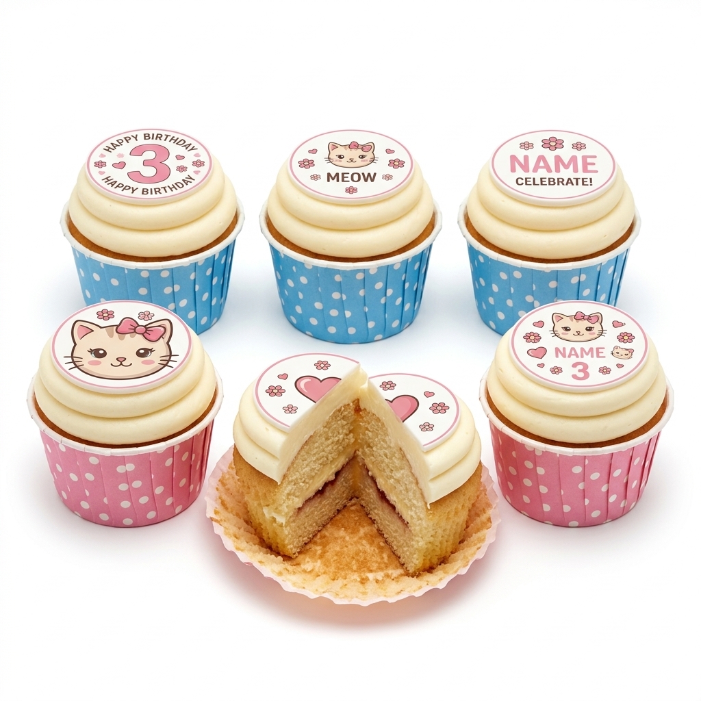Cat Theme Birthday Cupcakes for Girls with Custom Age