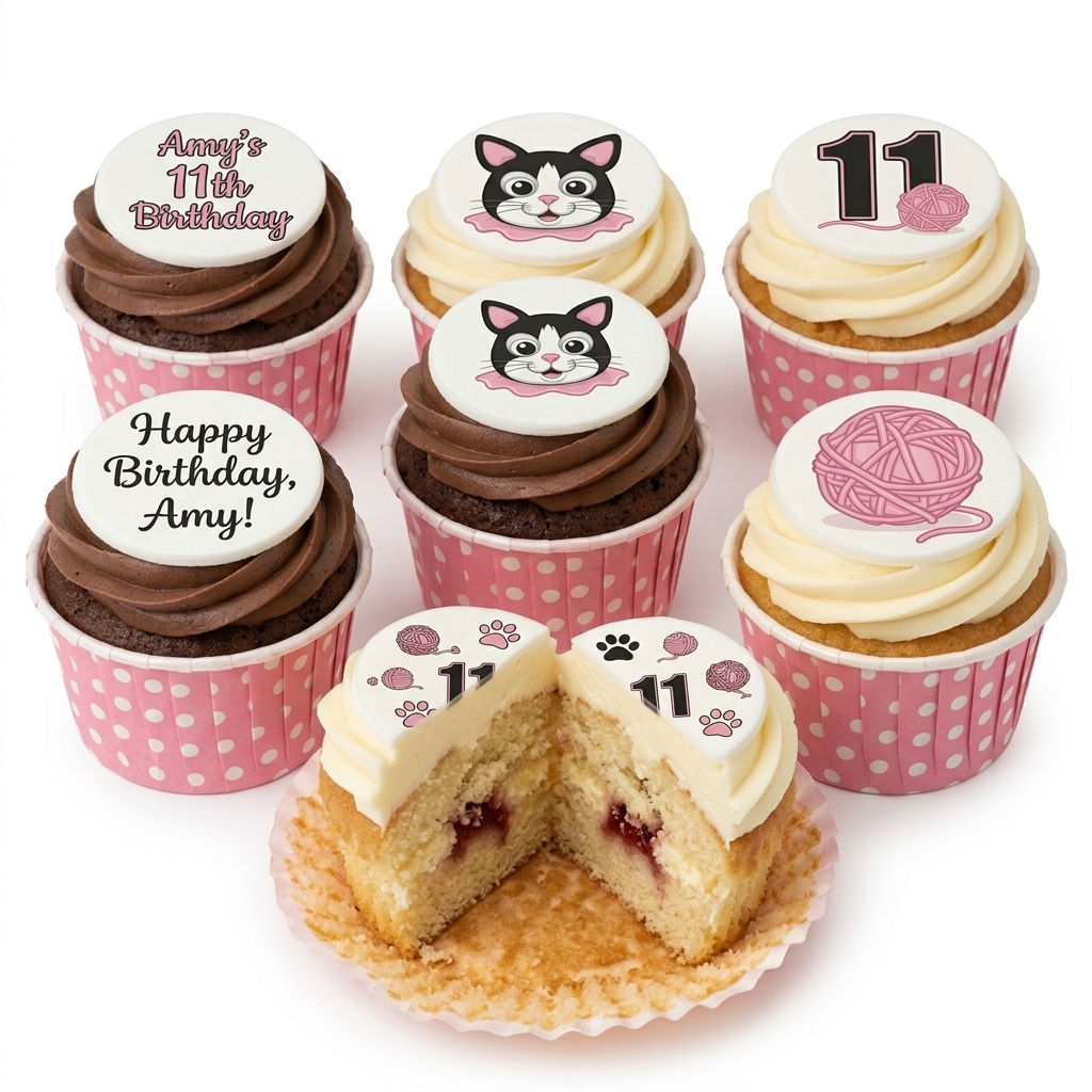 Cat Theme Birthday Cupcakes for Girls with Custom Age