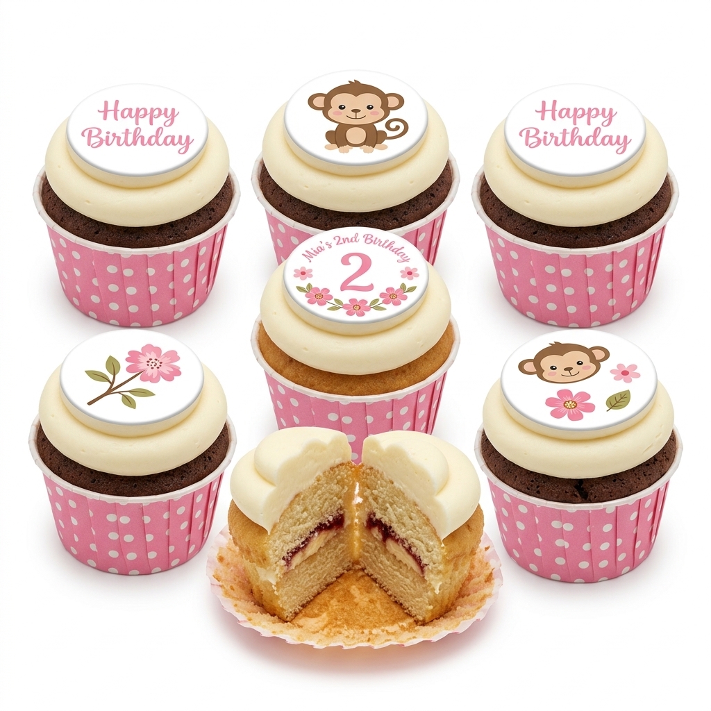 Cute Monkey & Floral Birthday Cupcakes for Girls
