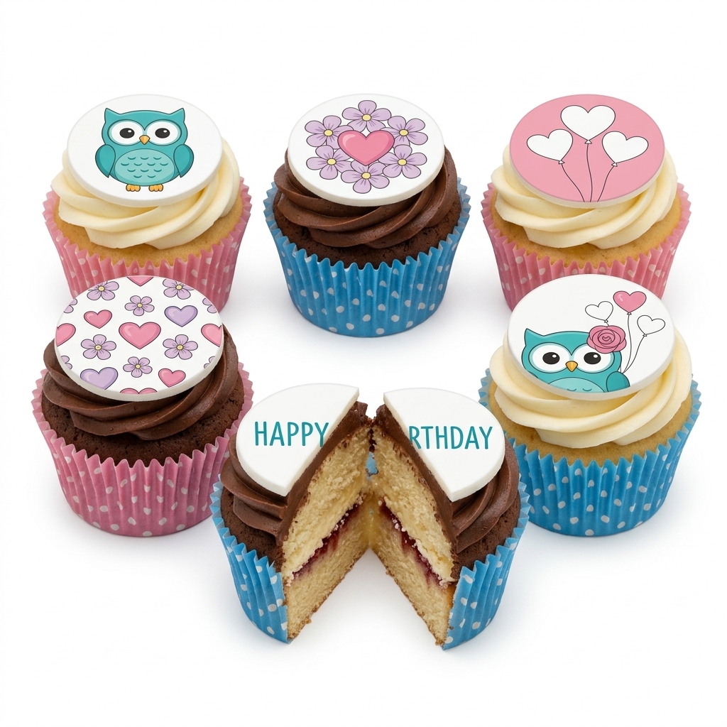 Cute Owl & Hearts Birthday Cupcakes