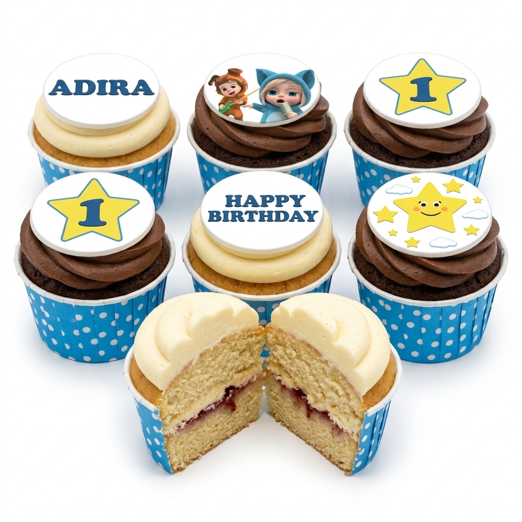 1st Birthday Celebration Cupcakes with Custom Toppers