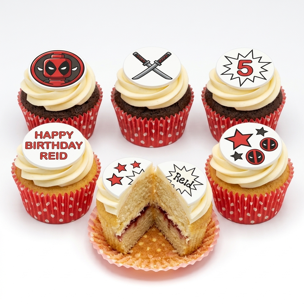Deadpool Theme Birthday Cupcakes with Custom Toppers