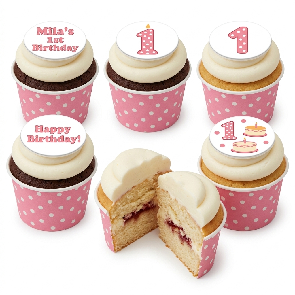 Pink Polka Dot 1st Birthday Cupcakes