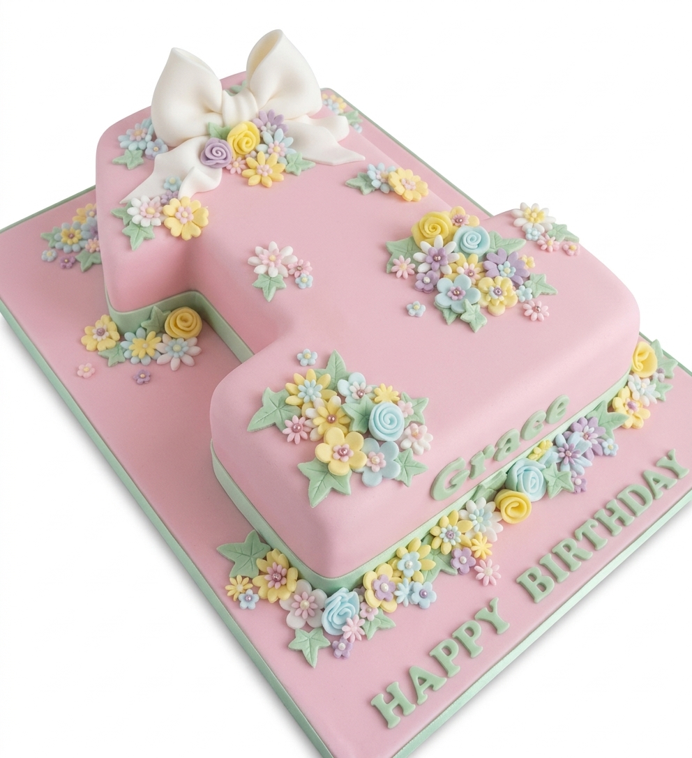 Pink Floral Number One 1st Birthday Cake for Girls