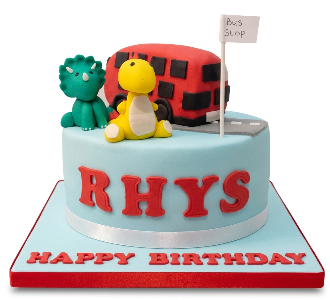 Dinosaur and Bus Theme Kids Birthday Cake