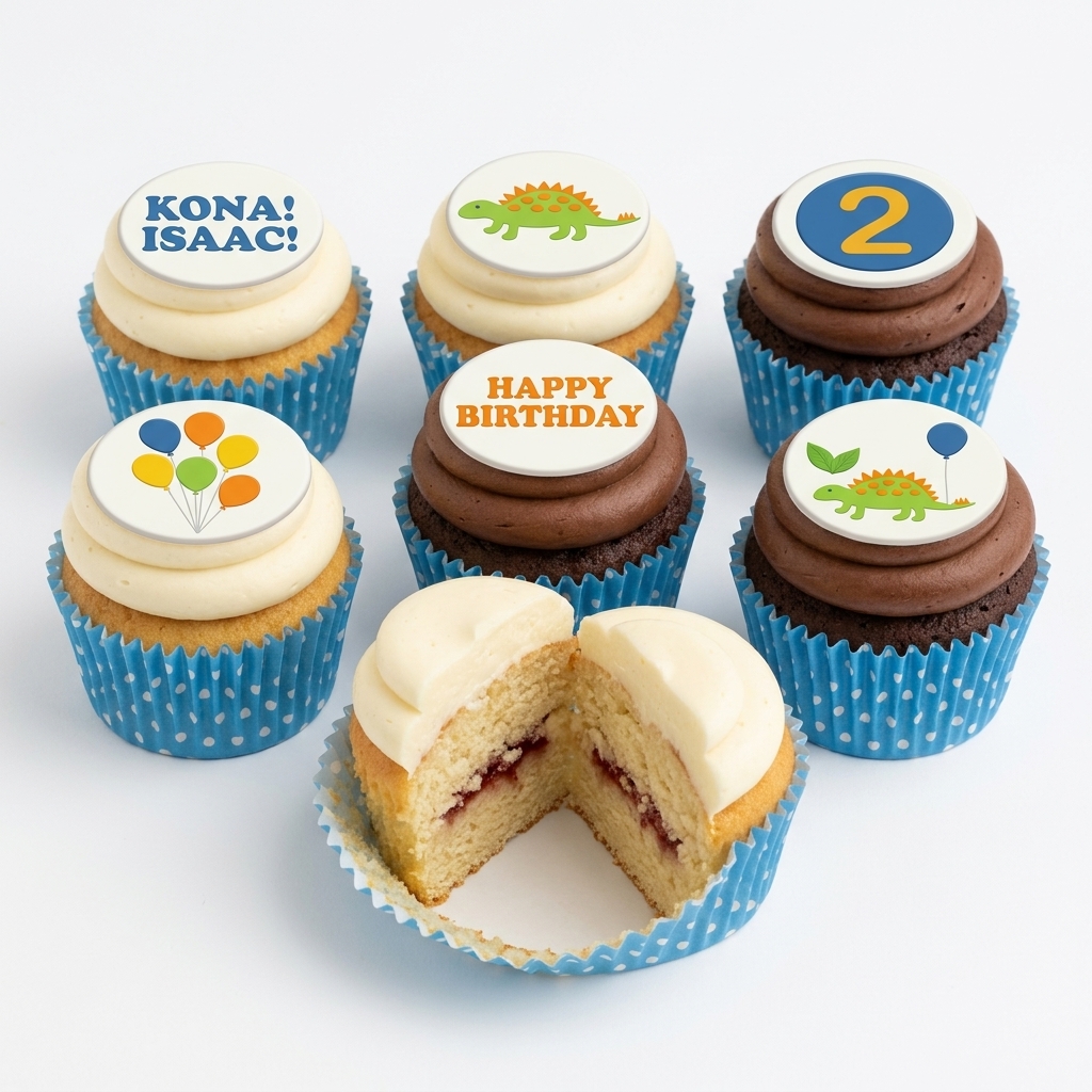 Dinosaur & Balloon Birthday Cupcakes with Custom Toppers