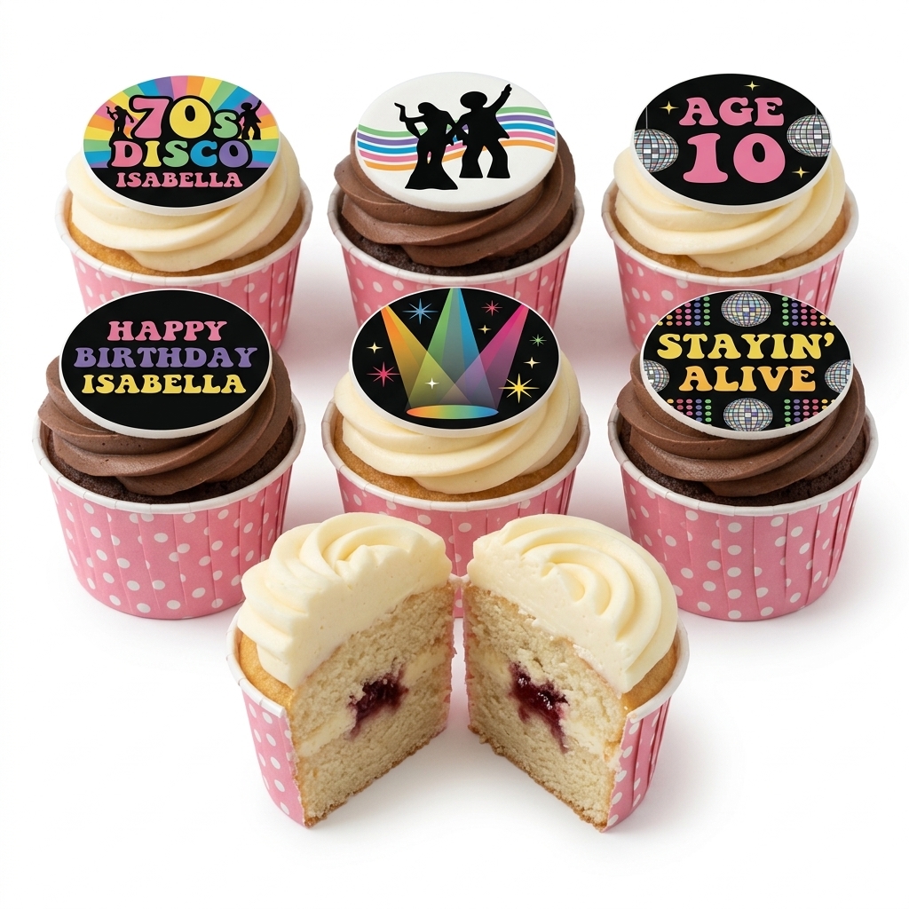 70s Disco Birthday Cupcakes with Custom Toppers
