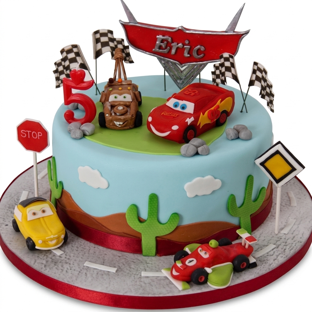 Cars Theme Birthday Cake with Custom Age & Name