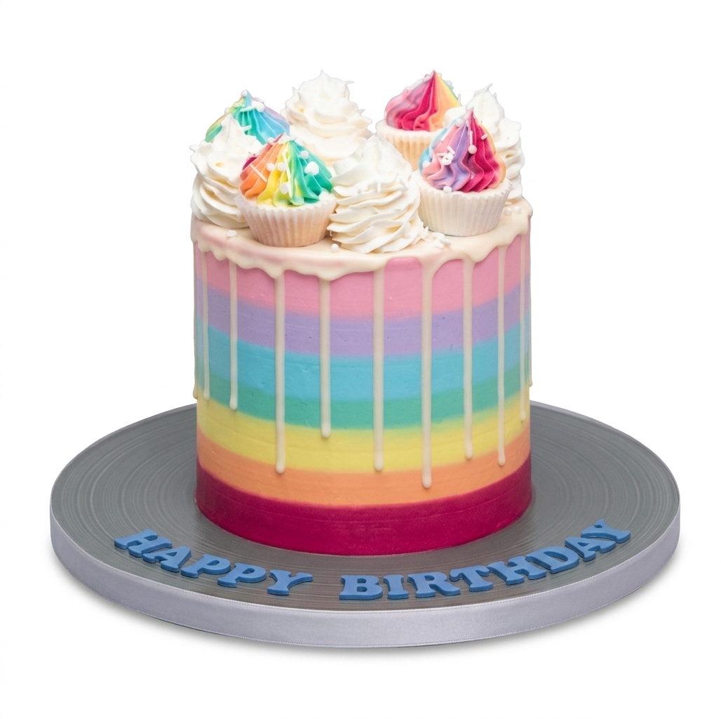 Rainbow Drip Birthday Cake with Cupcakes
