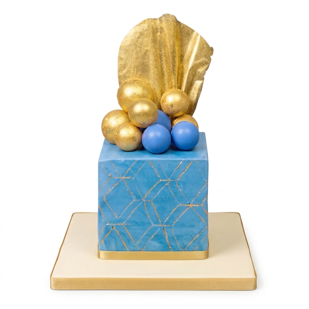 Elegant Blue & Gold Geometric Birthday Cake