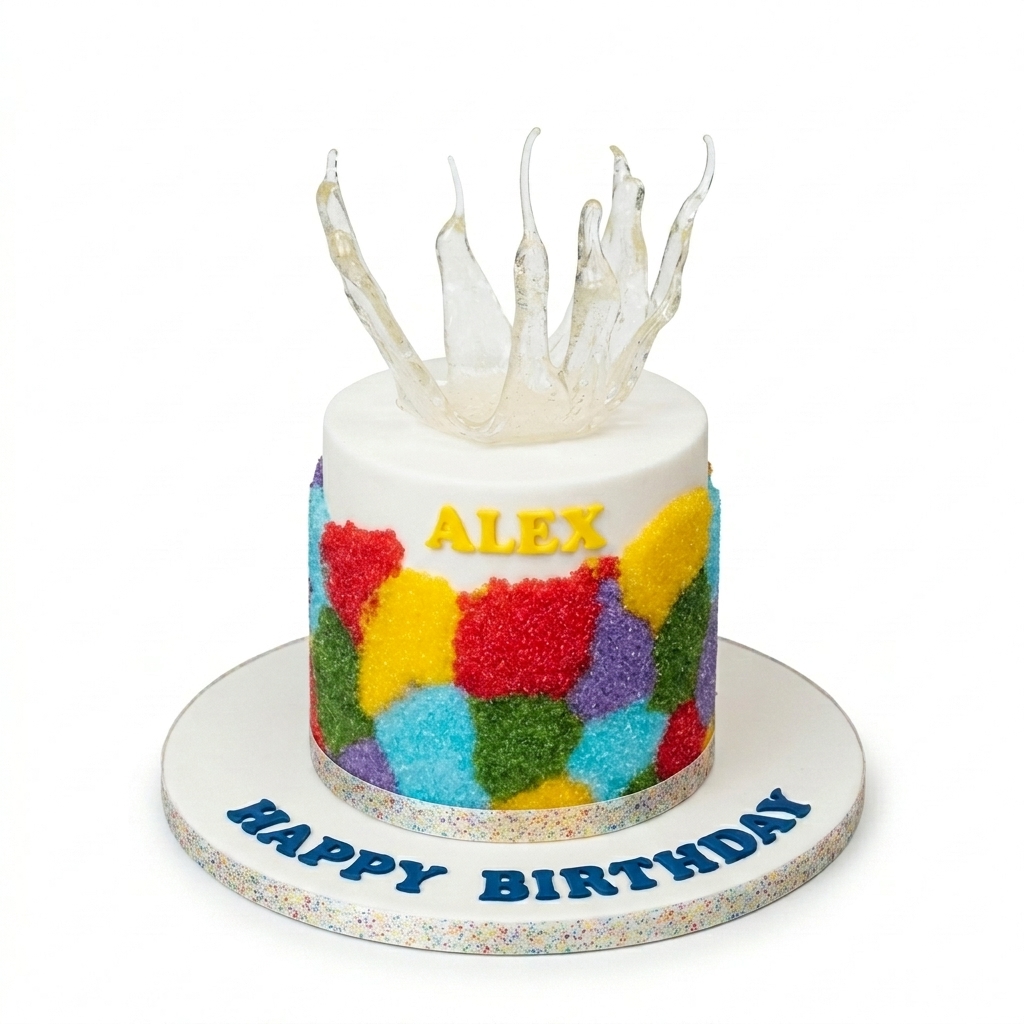 Vibrant Colourful Patchwork Birthday Cake with Splash Topper