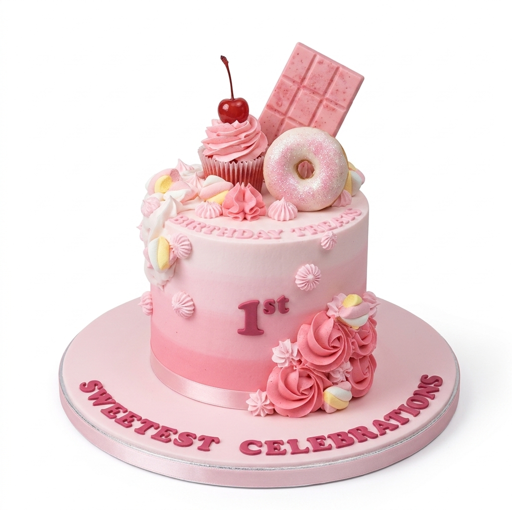 Pink Ombre 1st Birthday Cake for Girls with Sweet Treats