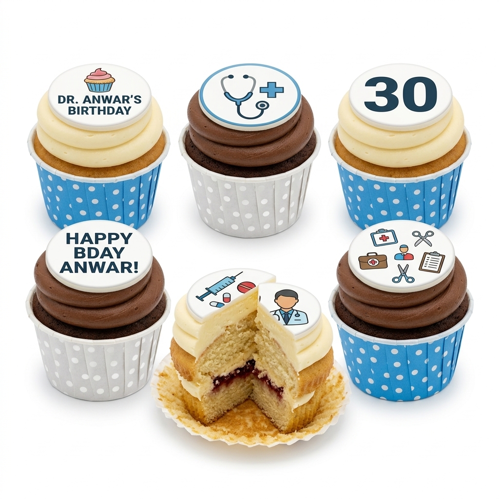 Doctor Birthday Cupcakes with Custom Medical Toppers