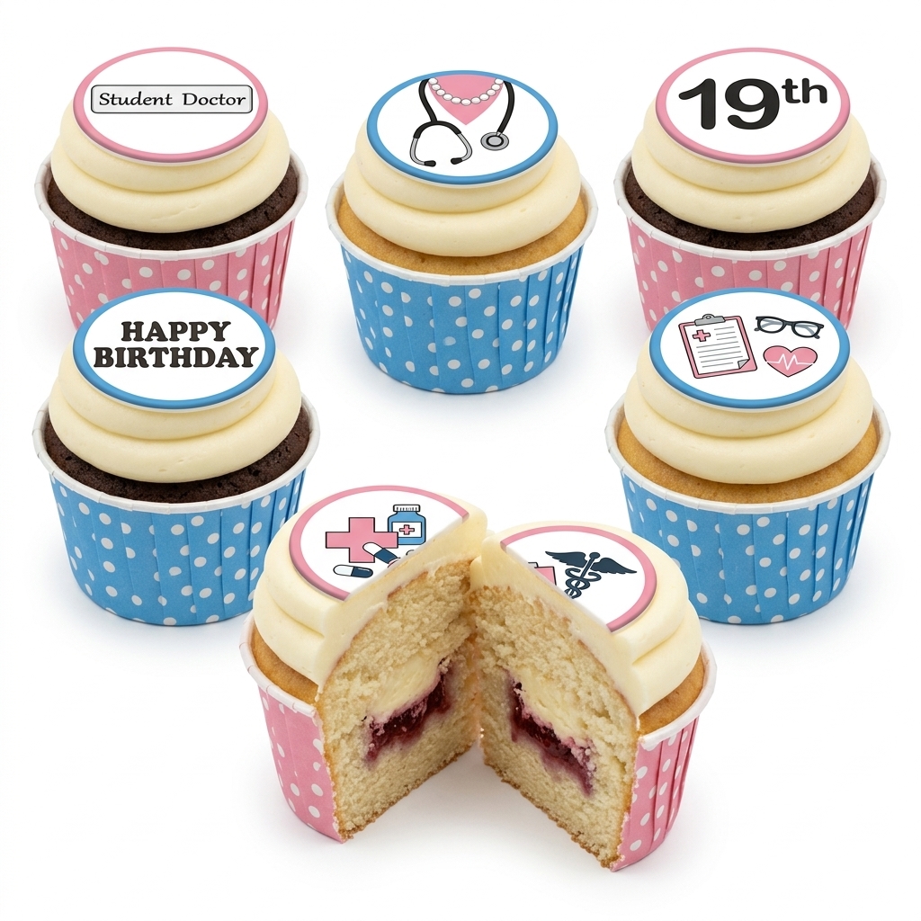Medical Theme Birthday Cupcakes with Custom Age Toppers