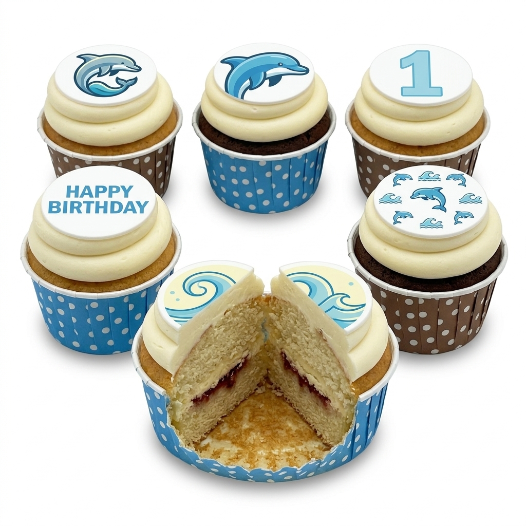 Dolphin Theme Birthday Cupcakes with Custom Age Topper