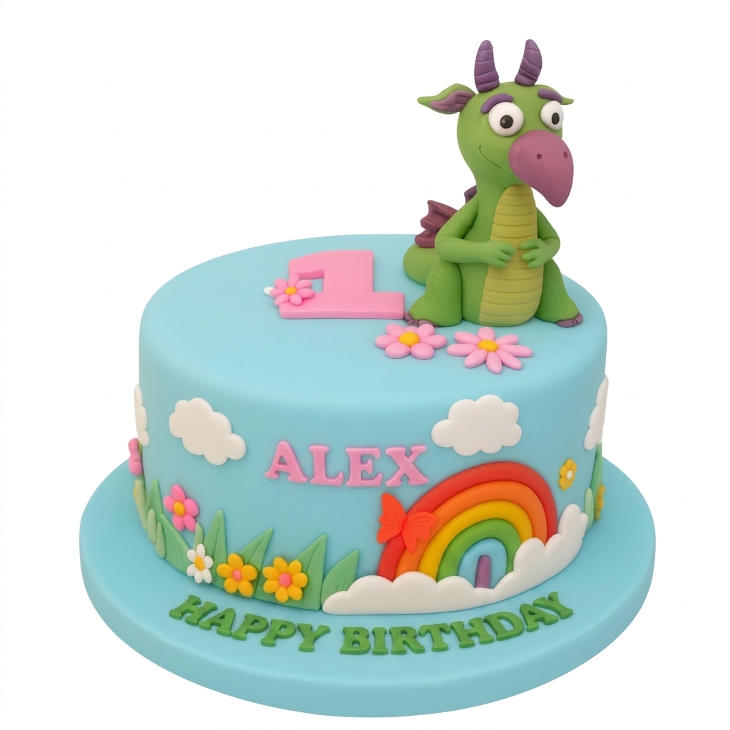 Dragon Theme Kids Birthday Cake with Rainbow & Flowers