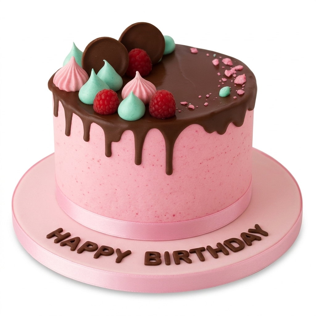 Pink Drip Birthday Cake with Raspberries & Meringues
