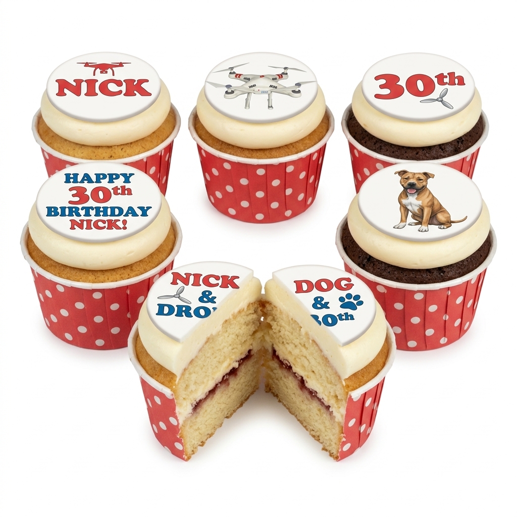 Men's Hobbies Birthday Cupcakes with Drone & Dog Designs