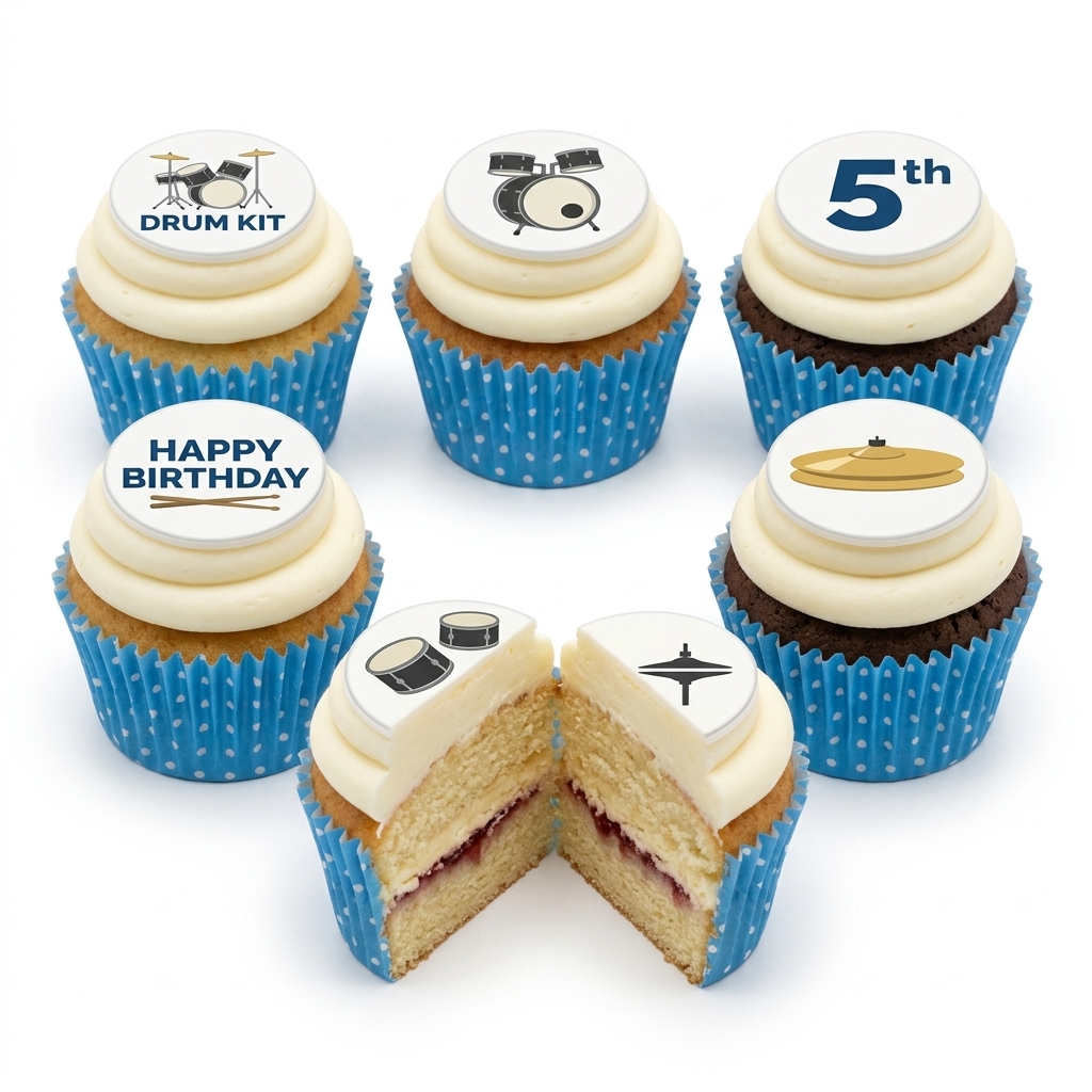 Drum Theme Birthday Cupcakes with Custom Age Toppers