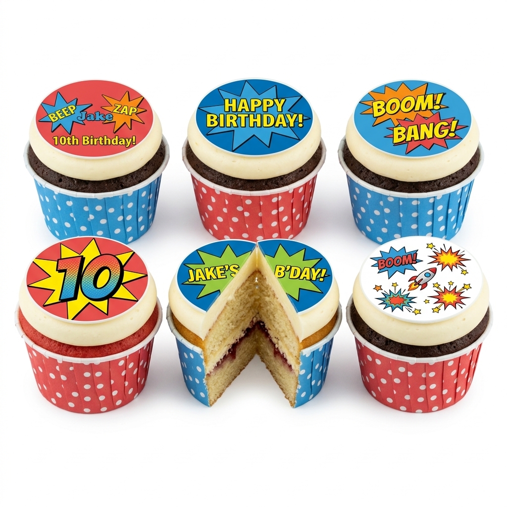 Superhero Birthday Cupcakes with Custom Age Toppers