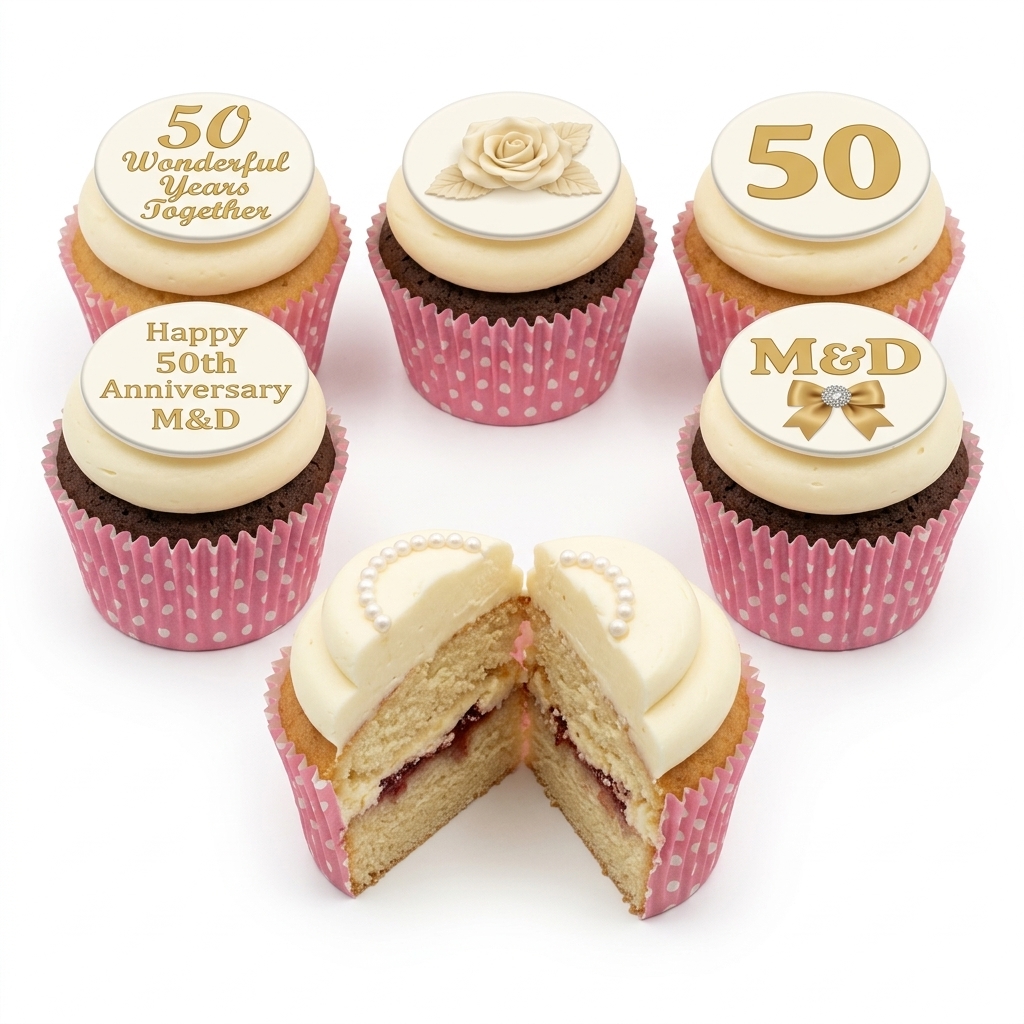 50th Anniversary Cupcakes with Gold & Rose Design