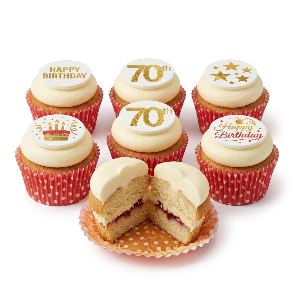 70th Birthday Cupcakes with Gold Toppers