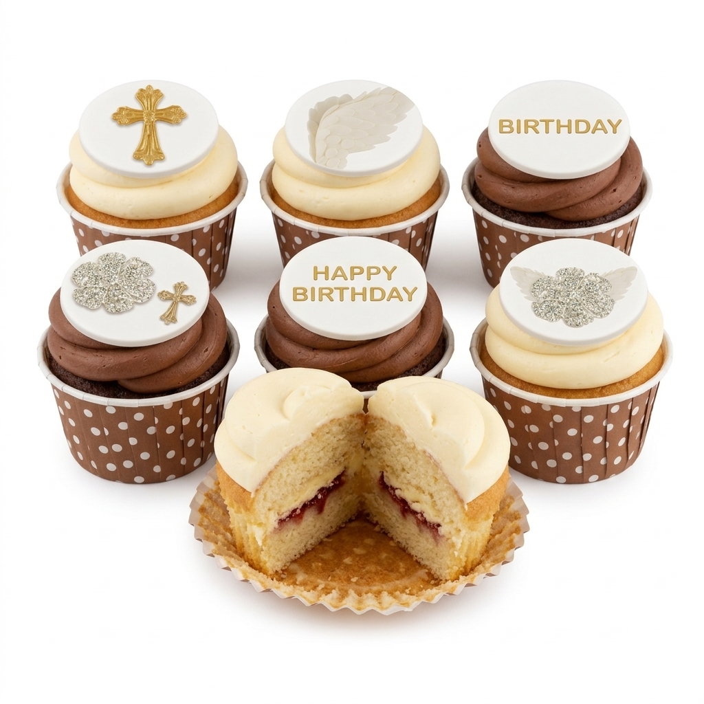 Elegant Angel Wing Birthday Cupcakes with Gold Cross