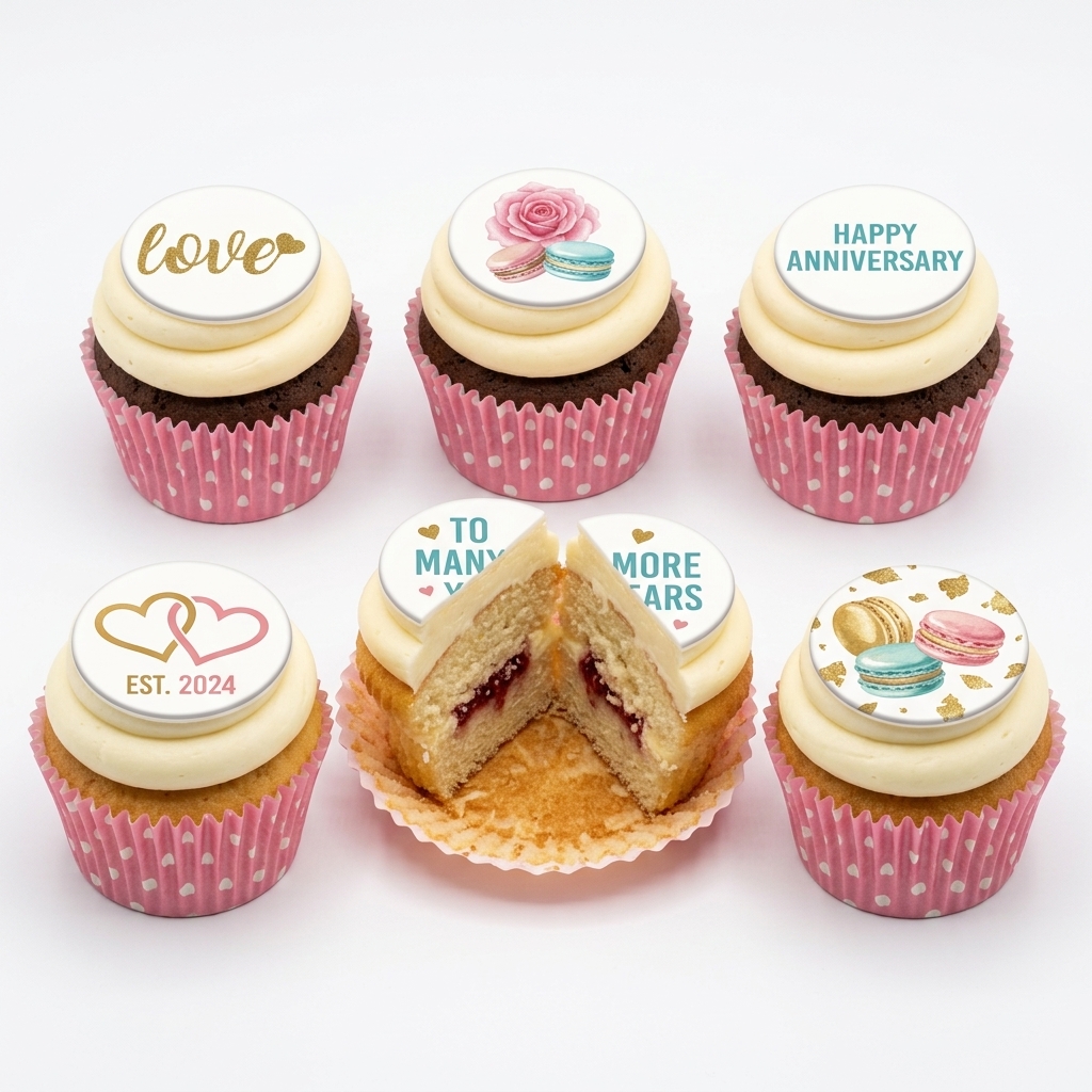 Romantic Anniversary Cupcakes with Macarons & Rose